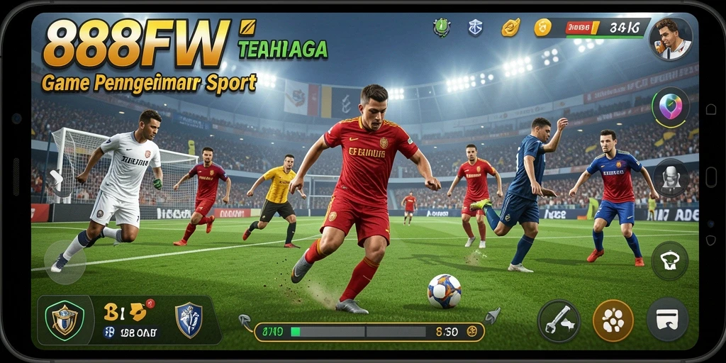 Screenshot utama 888FW menampilkan aksi seru dalam gelanggang olahraga.
