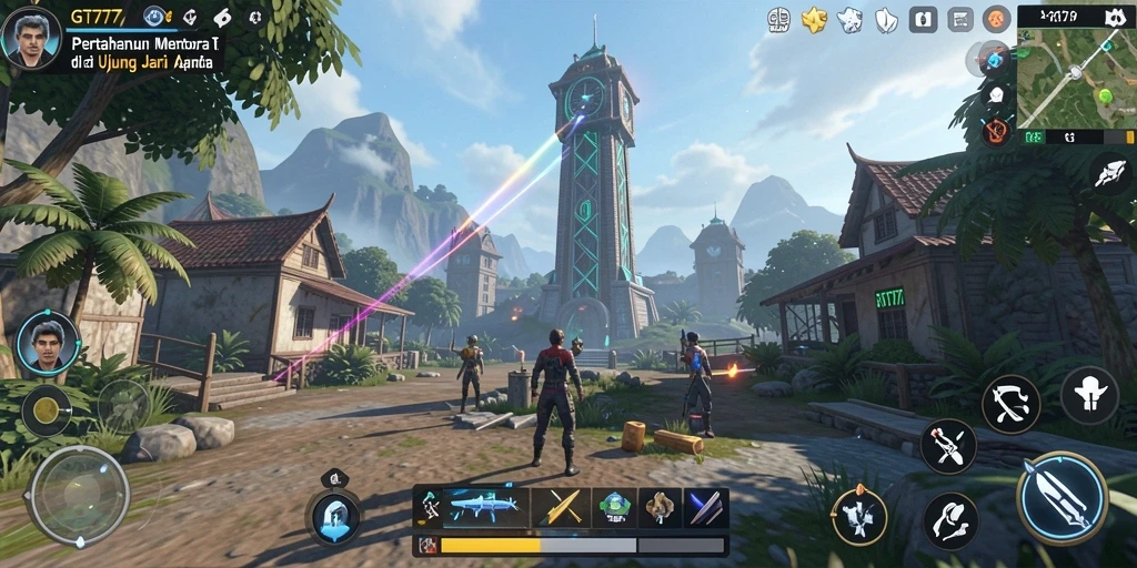 Screenshot gameplay GT777 yang menampilkan aksi menara dalam pertempuran Tower Defense.