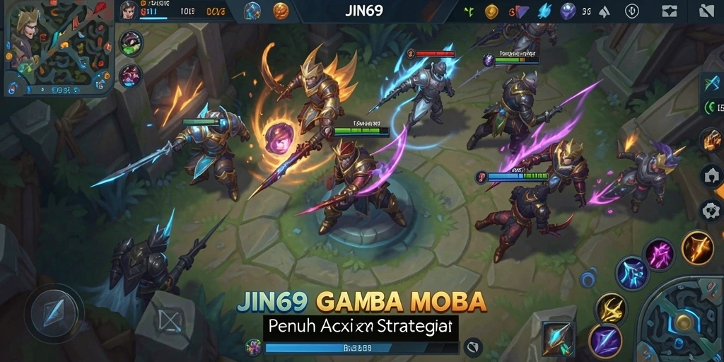 Tampilan gameplay seru JIN69 dengan karakter bertarung di arena MOBA.