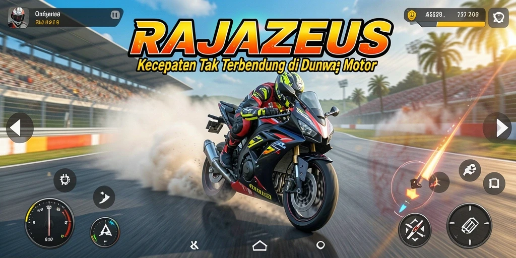 Screenshot utama RAJAZEUS menampilkan aksi seru balapan motor.