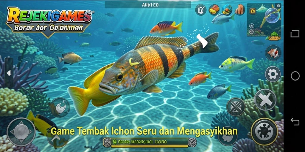 Tampilan gameplay <strong>REJEKIGAMES</strong> dengan ikan berwarna-warni dan senjata modern.