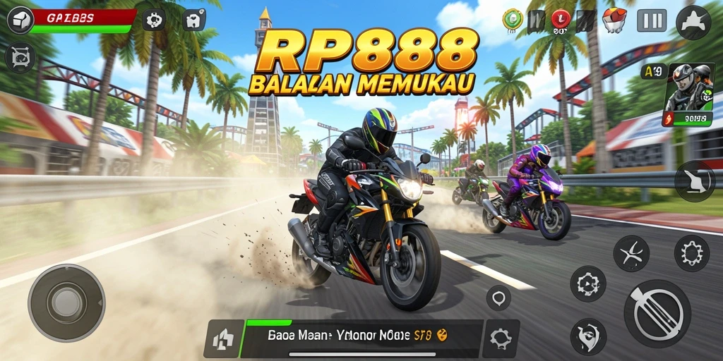 Tampilan gameplay seru di RP888 saat balapan motor.